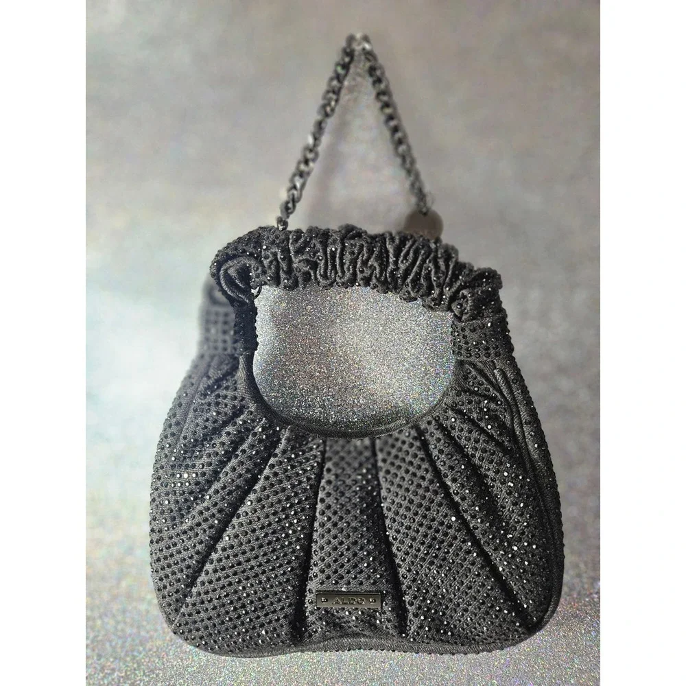 ALDO Ivalia Gray Rhinestone‎ Embellished Mini Hobo Ruched Chain Clutch Handbag